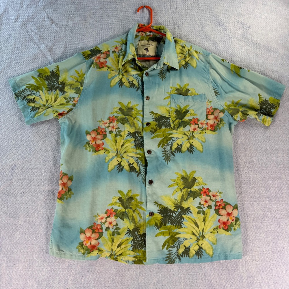 Island Republic Mens XXL Blue Silk Blend Tropical Hibiscus Palm Aloha Camp Shirt